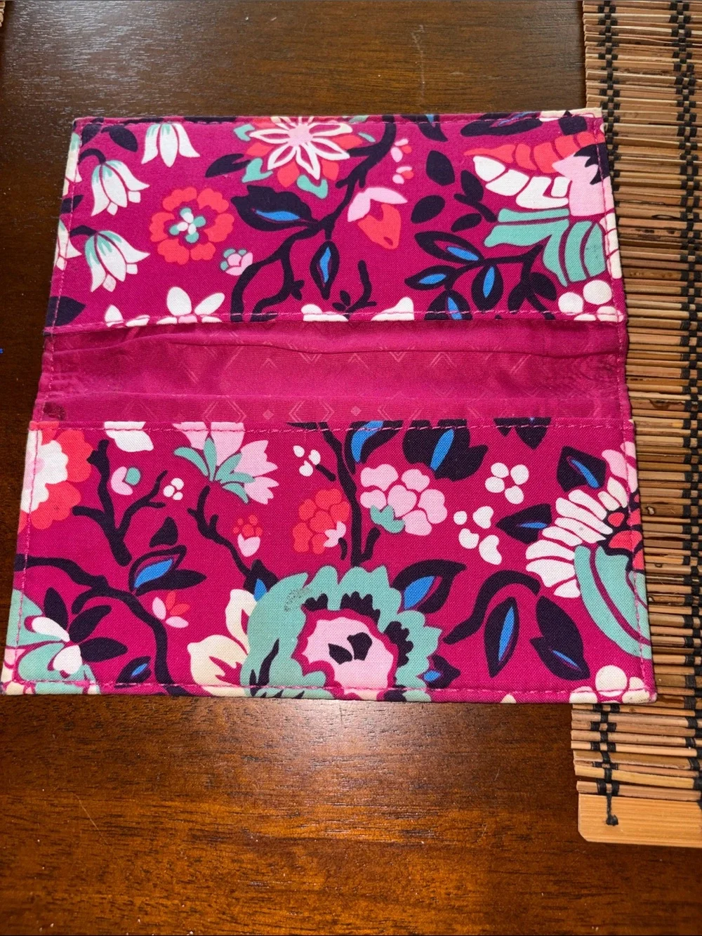 Vera Bradley Pink Floral Quilted Wallet with Teal and Navy Accents